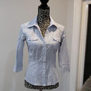 Striped Blue and White Button-Up Womens Shirt